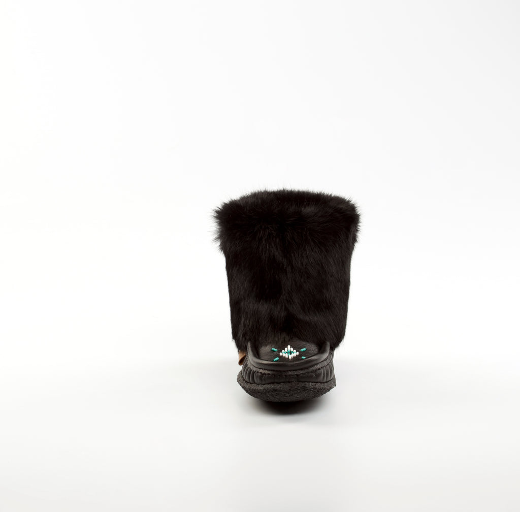 Raven I Cub Mini Mukluk : 8" Black Leather and Black Rabbit Fur Hand-Beaded | Merino Wool