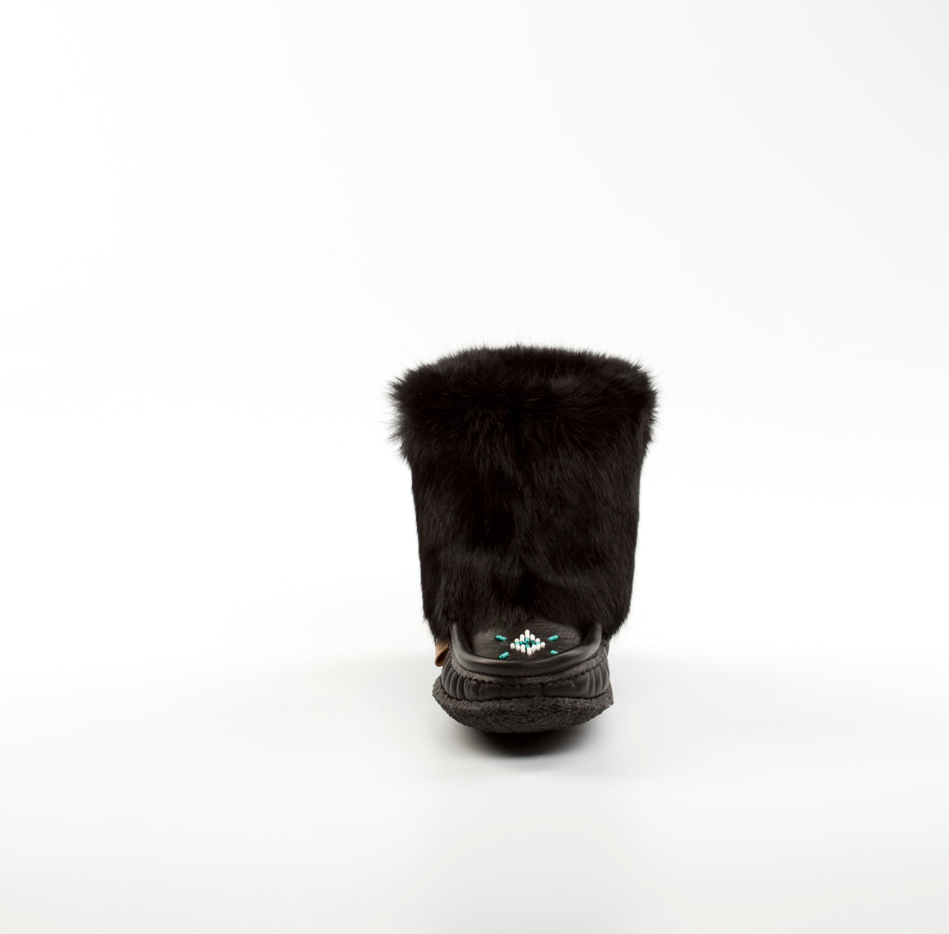 Raven I Cub Mini Mukluk : 8" Black Leather and Black Rabbit Fur Hand-Beaded | Merino Wool
