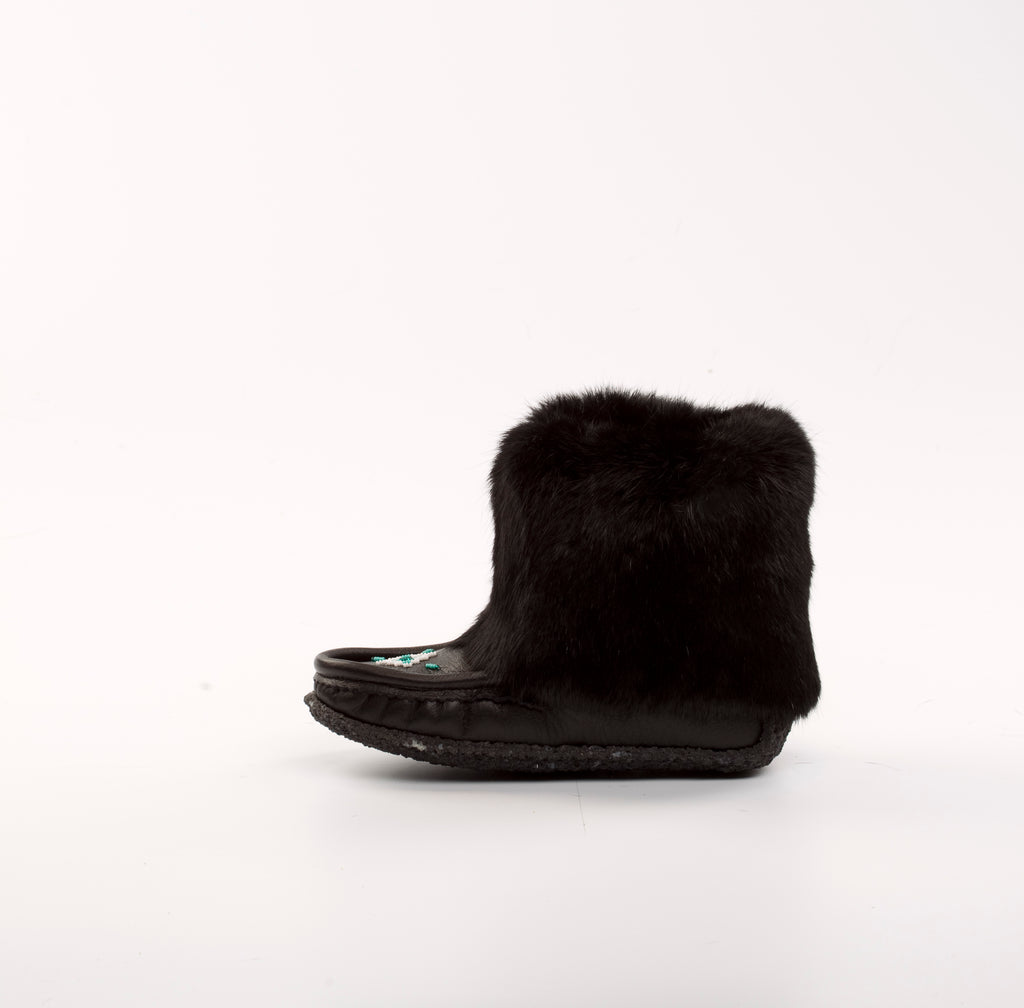 Raven I Cub Mini Mukluk : 8" Black Leather and Black Rabbit Fur Hand-Beaded | Merino Wool