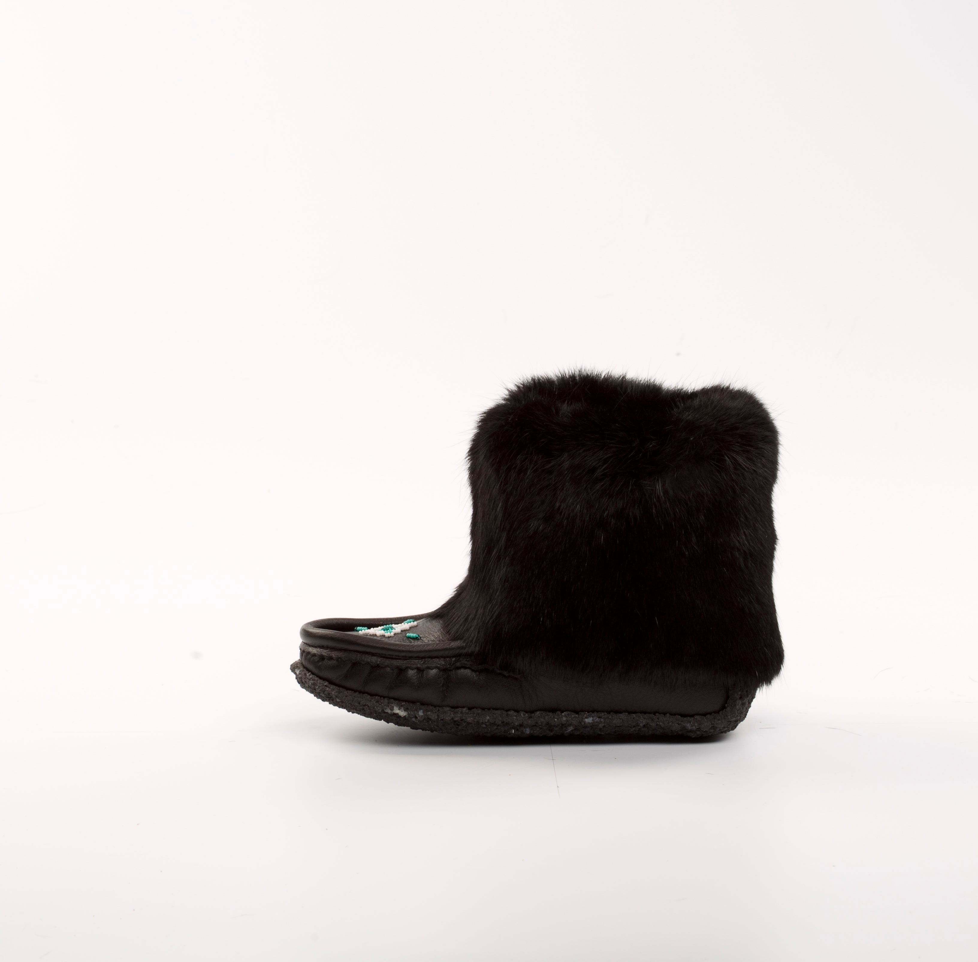 Raven I Cub Mini Mukluk : 8" Black Leather and Black Rabbit Fur Hand-Beaded | Merino Wool