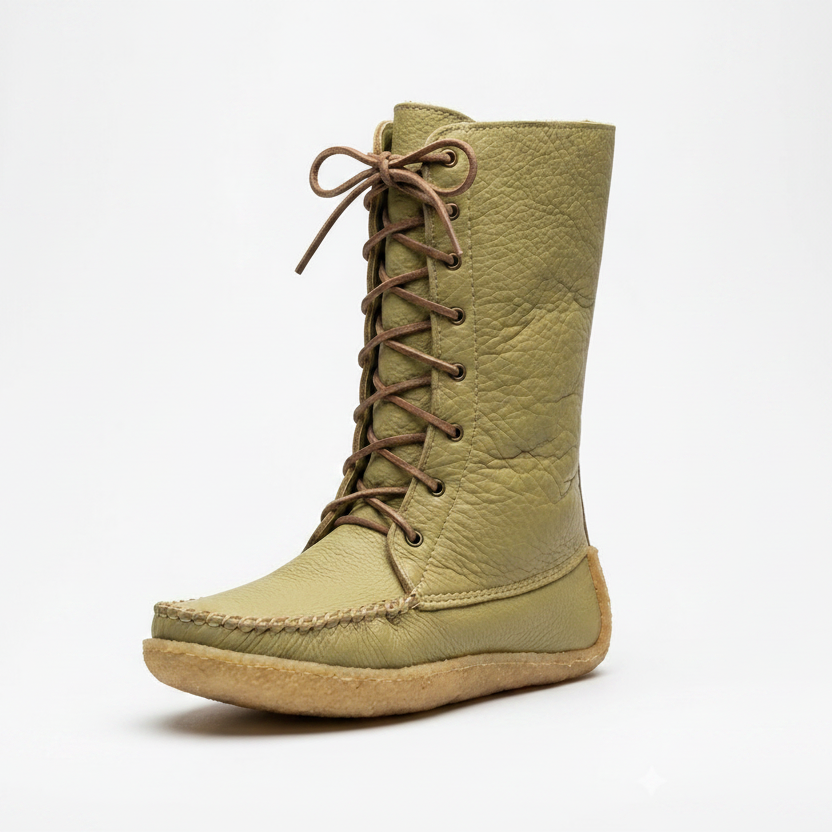Deer Tan leather boot with brown laces on a white background
