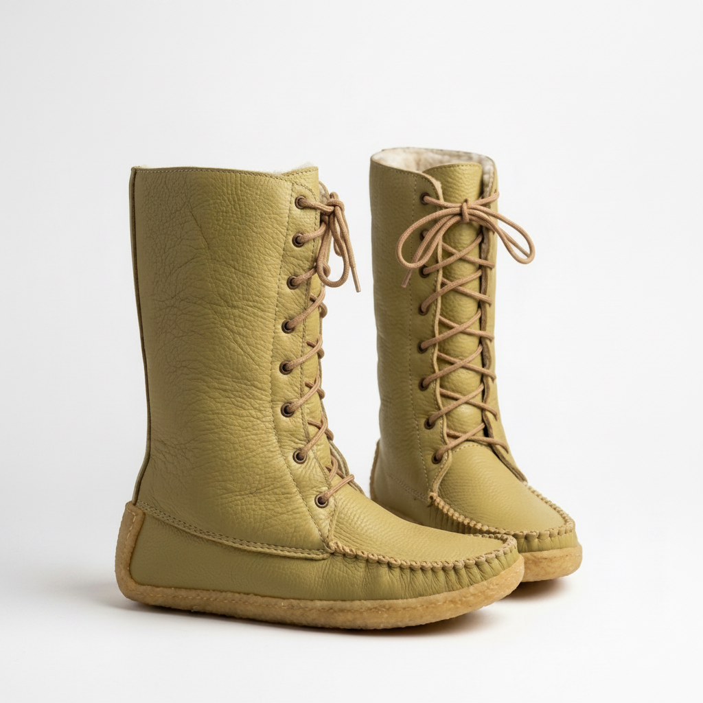 Pair of Deer Tan lace-up boots on a white background
