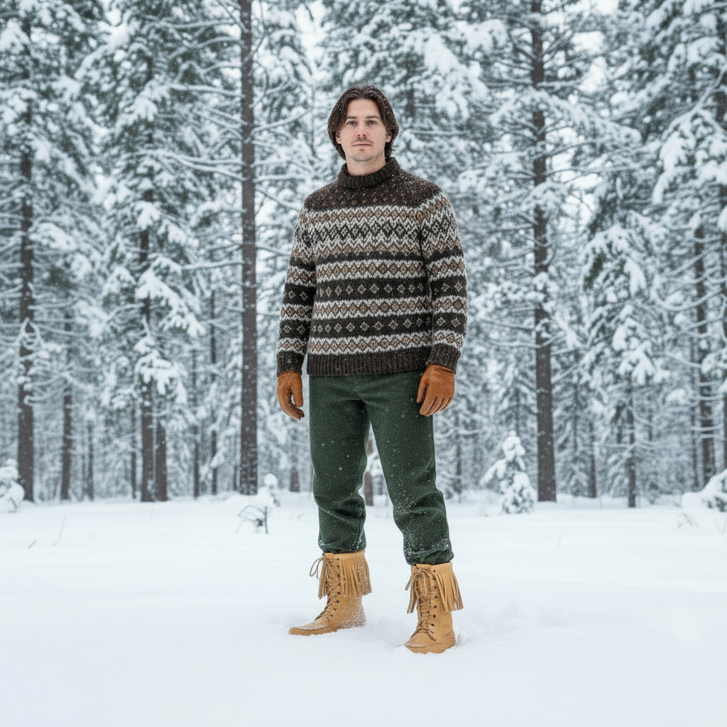 Person wearing a patterned sweater and green pants standing in a snowy forest.