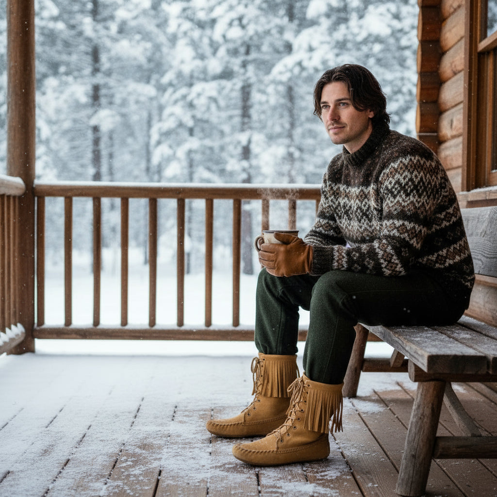 Man sitting on a wooden bench on a snowy porch holding a mug.