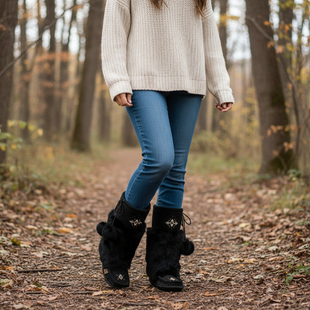 Pair of black furry boots with decorative elements on a wooden surface.