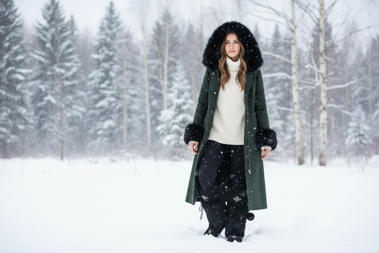 Woman in a green coat and black fur-lined hood standing in a snowy forest.