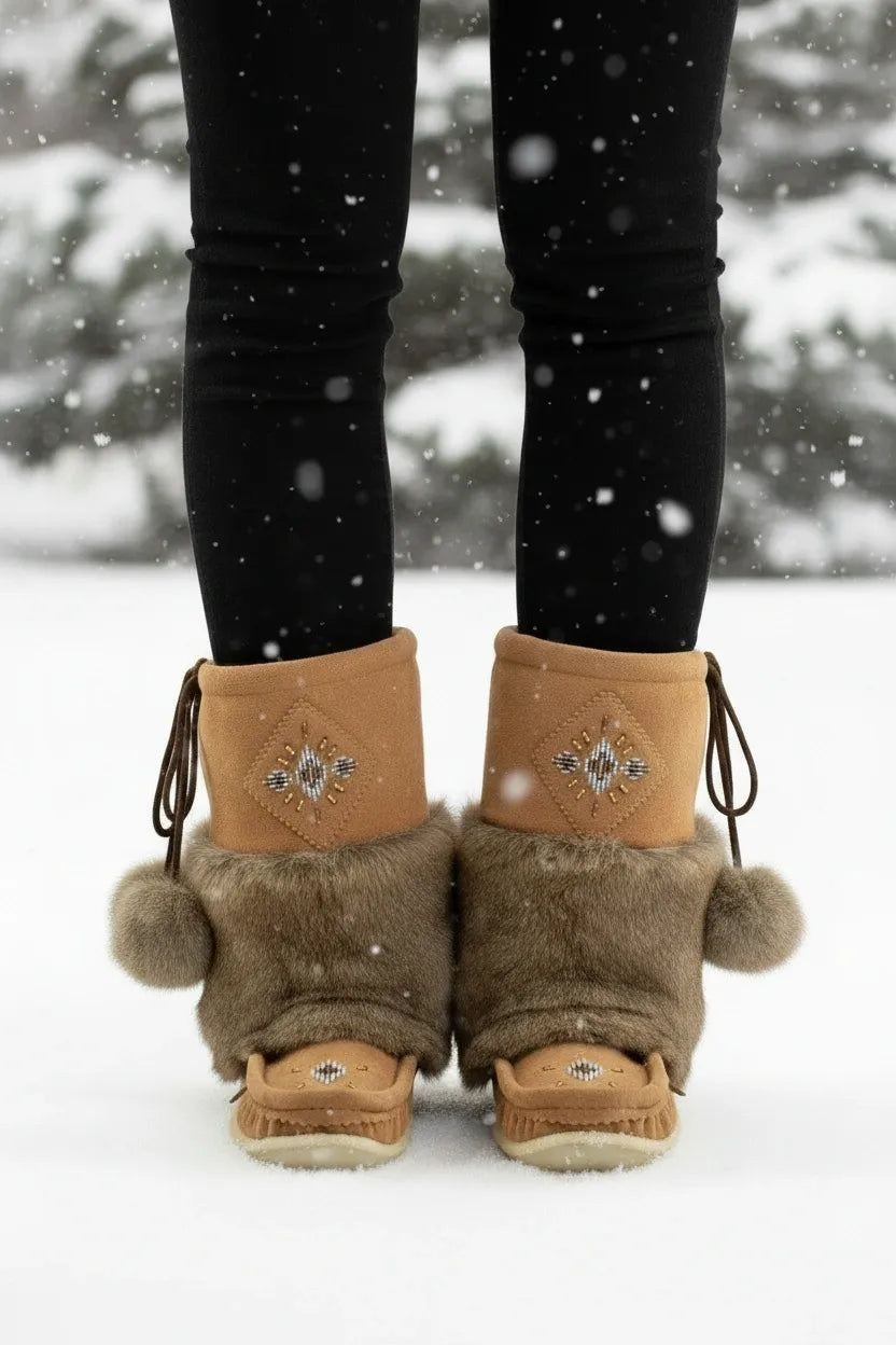 Brown winter boots with fur trim worn by a person in a snowy landscape.