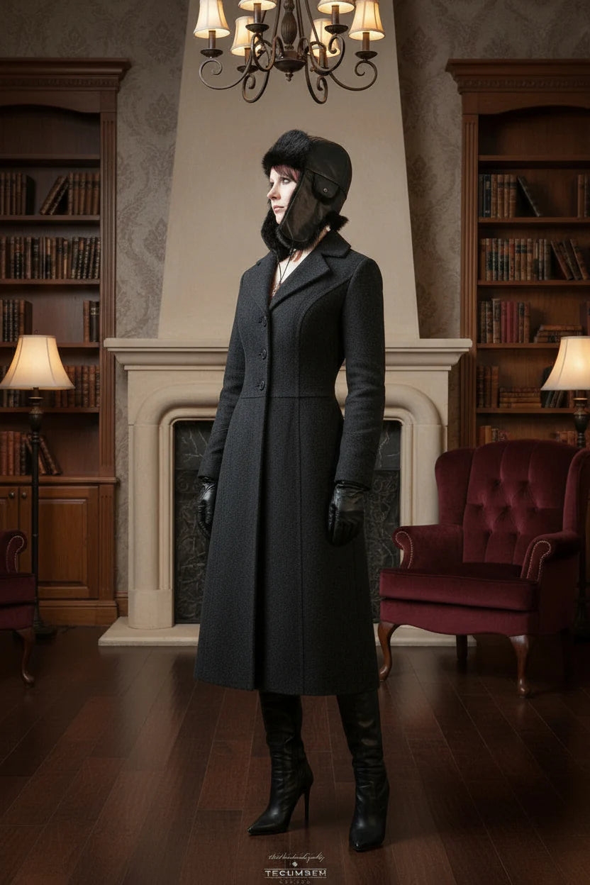 Person in a long dark coat and mask standing in a room with bookshelves and a chandelier.
