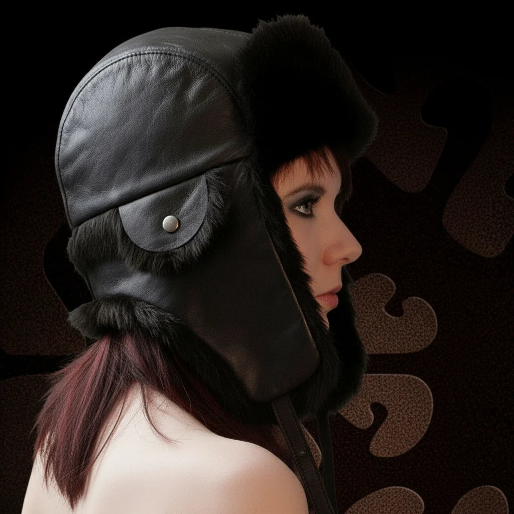 Person wearing a black leather helmet with fur trim on a dark background