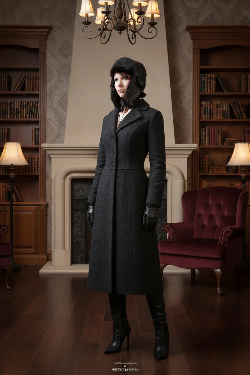 Woman in a long black coat standing in a room with bookshelves and a chandelier.