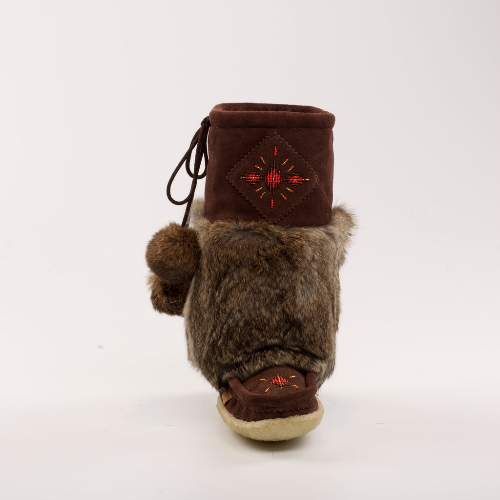 Brown furry boots with a decorative top on a white background