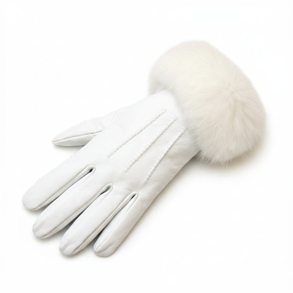 White leather gloves with fur pom-pom on a white background