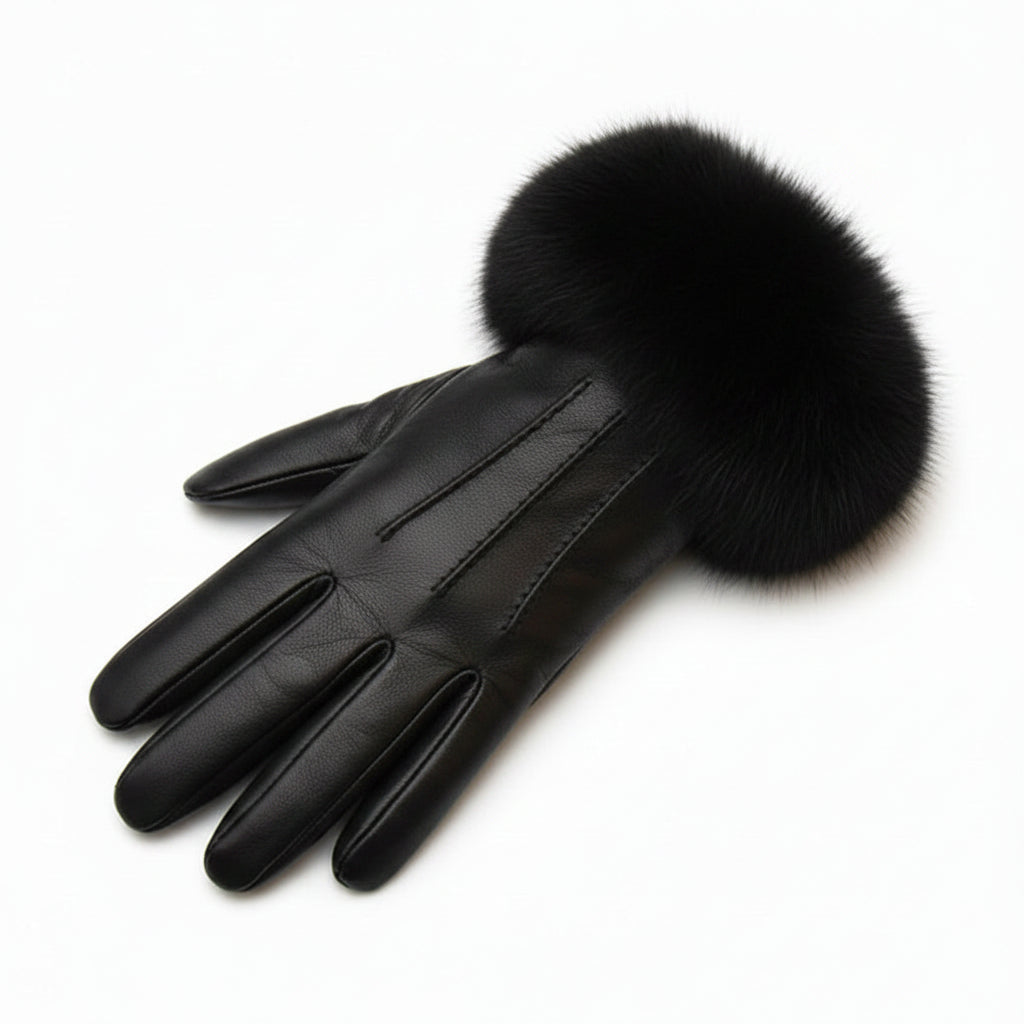 black leather gloves with fur cuff on a white background