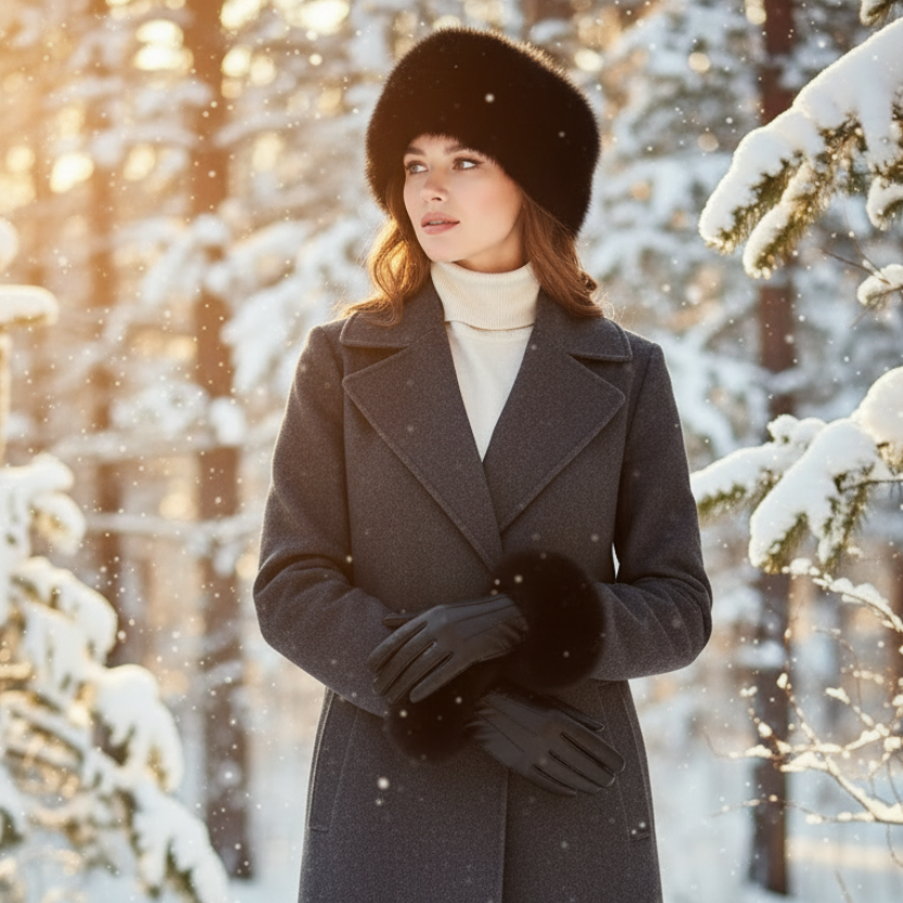 Woman in a long dark coat and black hat standing in a snowy forest