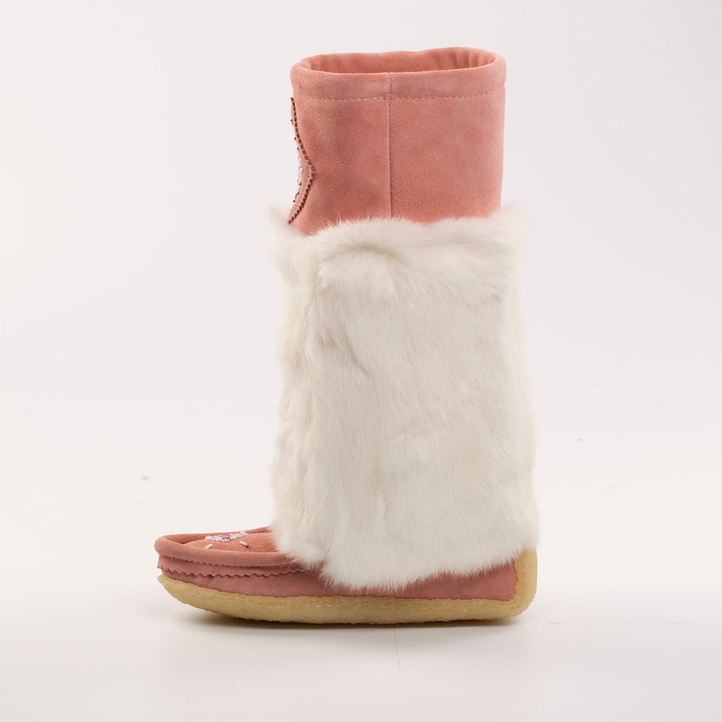 Pink mukluks with white fur trim on a light gray background