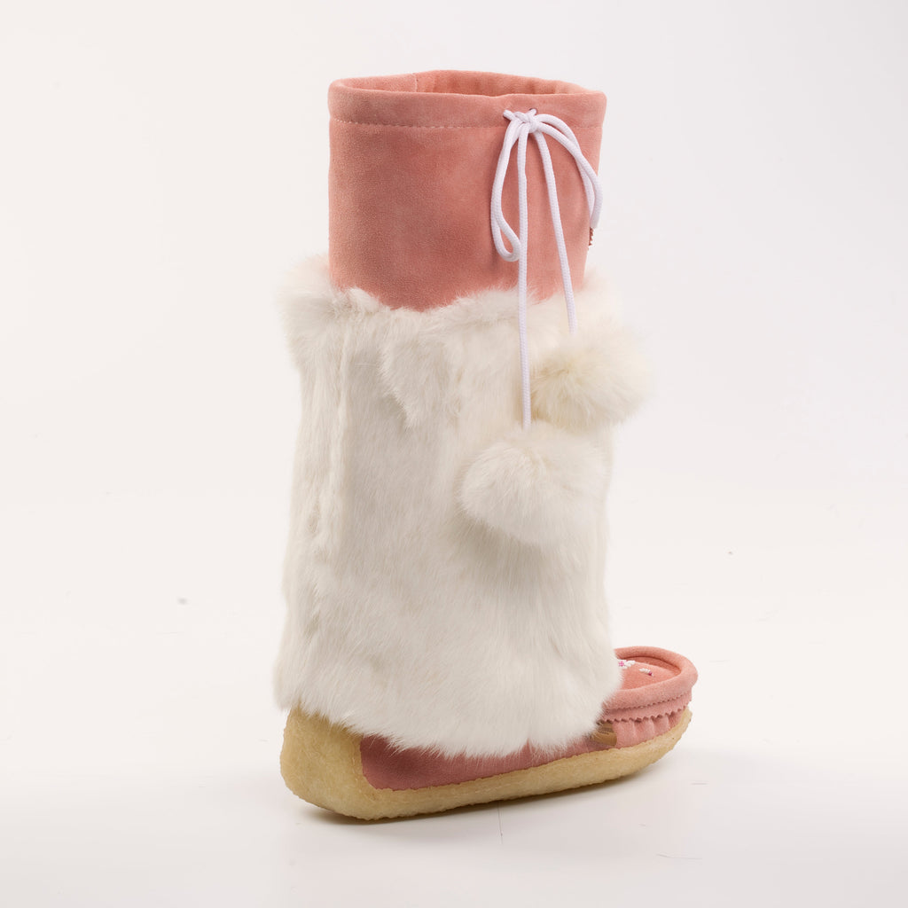 Pink mukluks with white fur trim on a white background