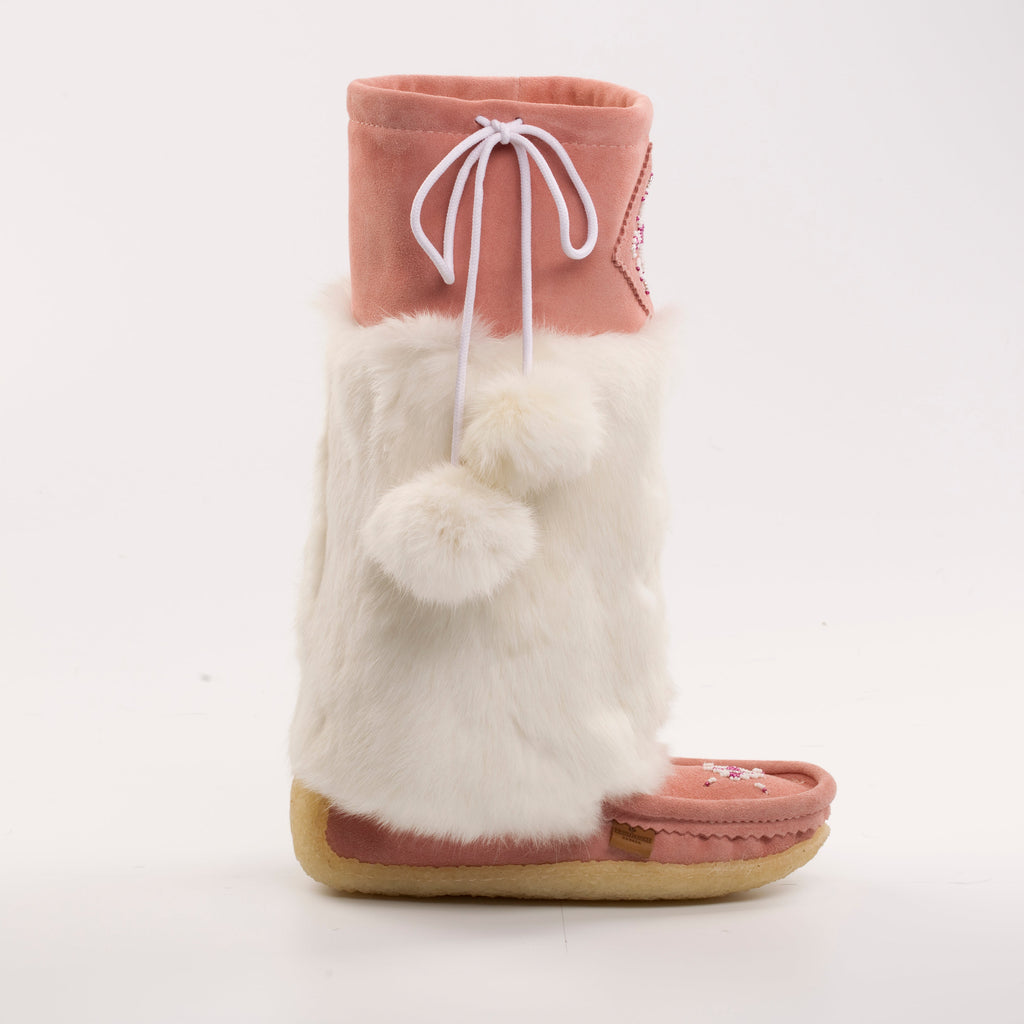 Pink boot with white fur lining on a light gray background mukluks