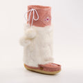 Pink mukluks with white fur trim on a white background