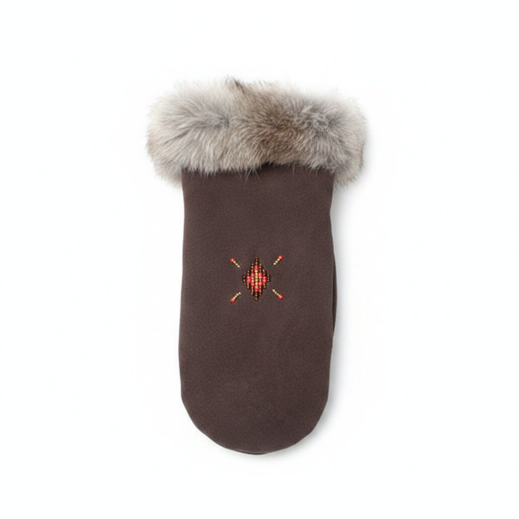 chocoalte suede glove with brown rabbit fur cuff