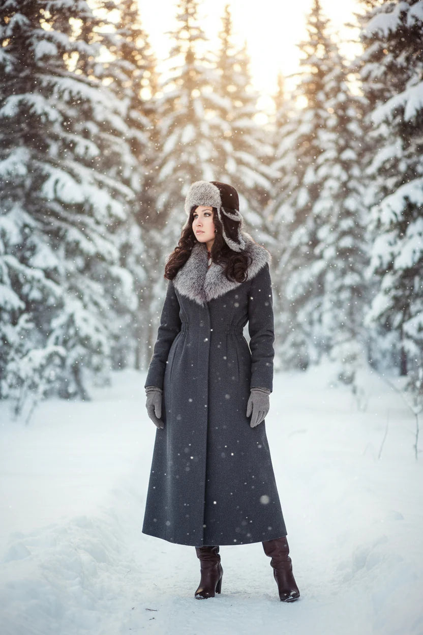 Woman in a long dark coat with fur collar standing in a snowy forest.