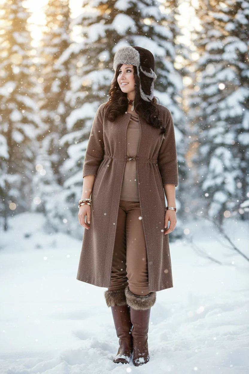 Woman in a brown coat and hat standing in a snowy forest