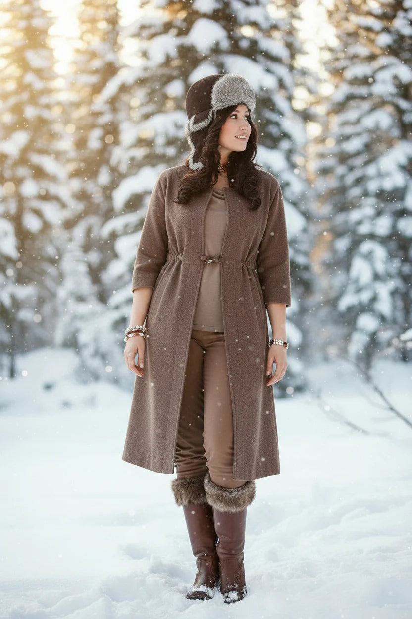 Woman in a winter outfit with a coat, hat, and boots standing in a snowy forest.