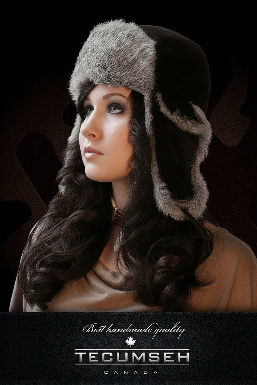 Woman wearing a fur-trimmed hat with 'Tecumseh' branding on a dark background