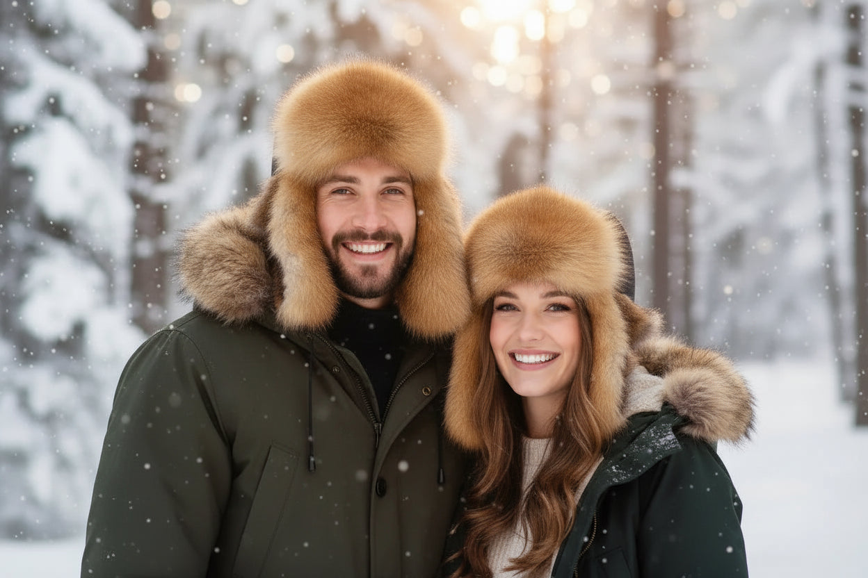 Couple wearing fur hats and winter coats in a snowy forest