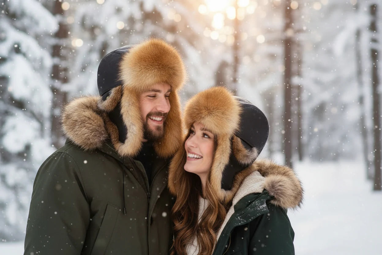 Couple wearing fur hats and winter coats in a snowy forest