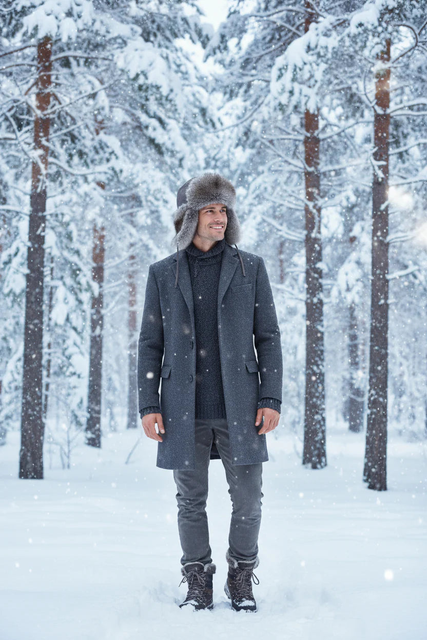 Man in winter clothing standing in a snowy forest wearing a fur hat