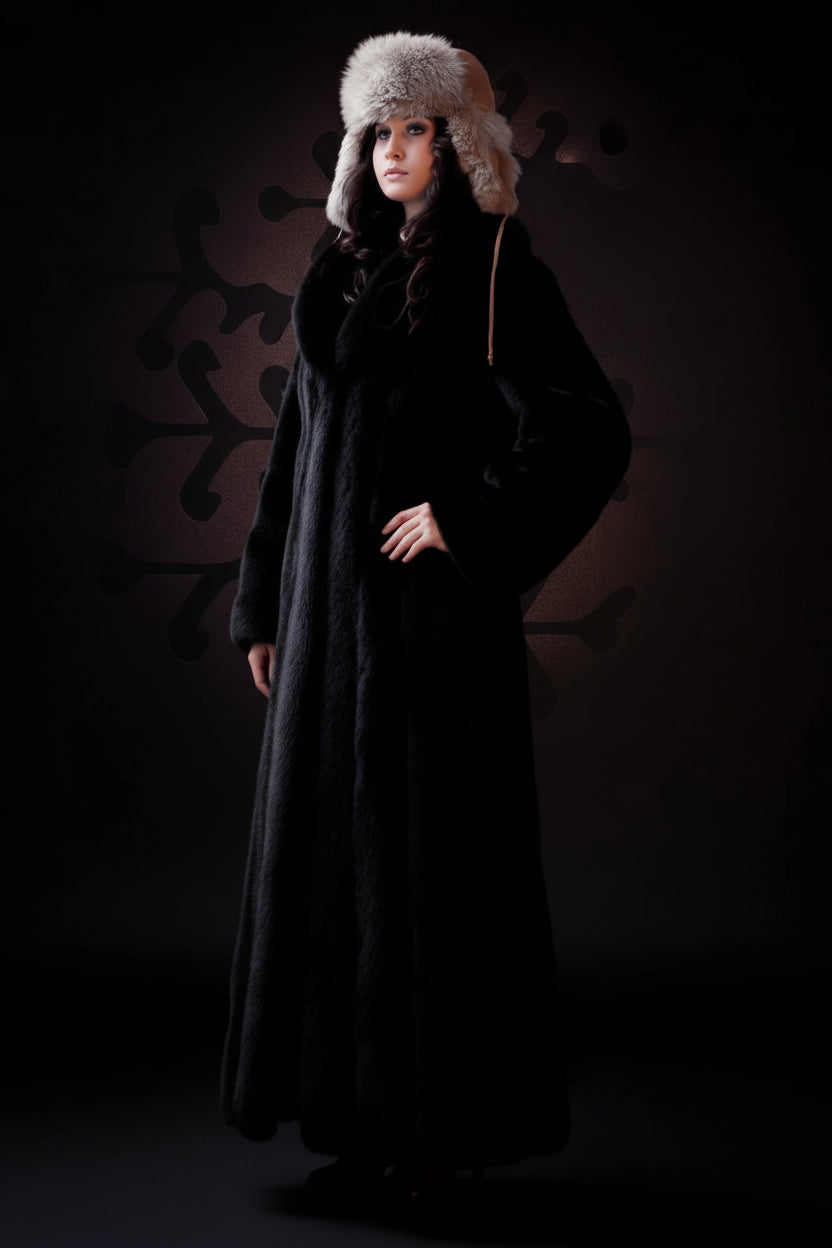 Person wearing a long black coat and fur hat against a dark background