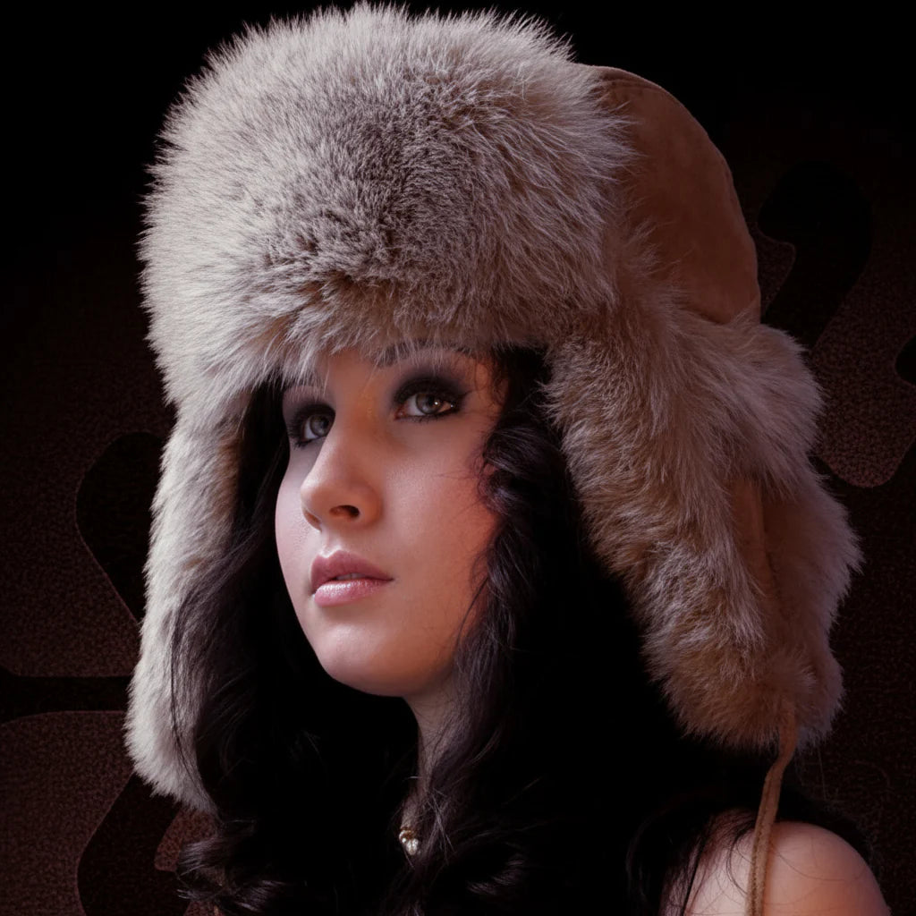 Woman wearing a fur hat against a dark background