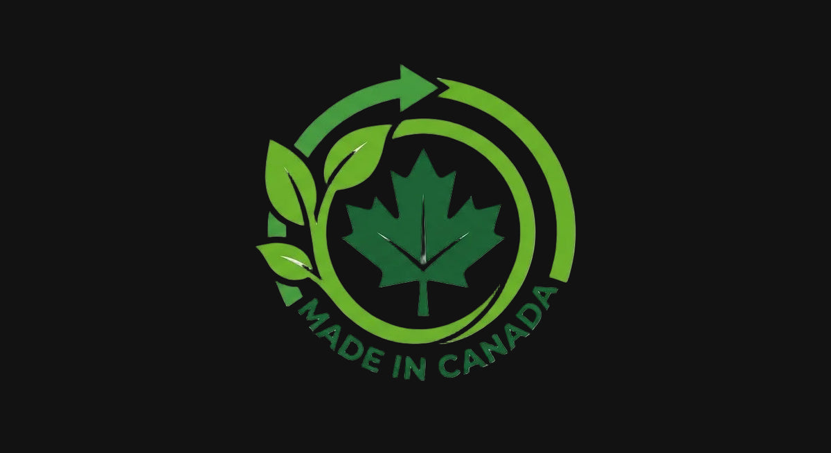 Logo with a green maple leaf and 'Made in Canada' text on a white background