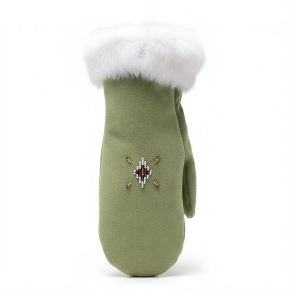 Green mittens with white fur cuff on a green leafy background