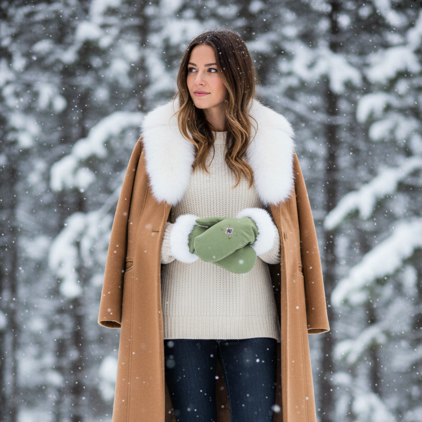 Woman in a snowy forest wearing a long brown coat with white fur trim, white sweater, blue jeans, and brown boots.