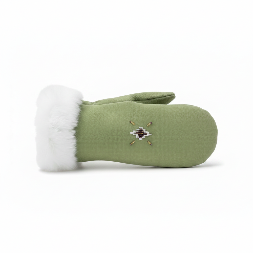 Green mitten with white fur lining and a decorative pattern on a white background