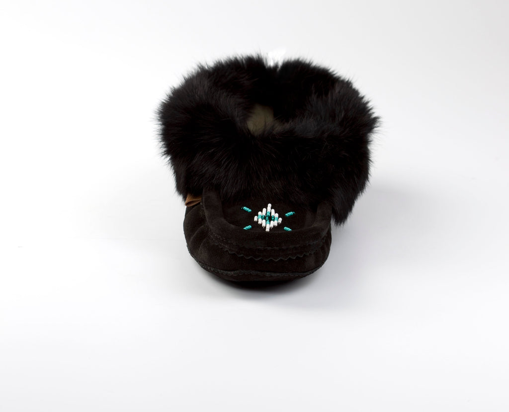 Black slippers with fur trim on a white background