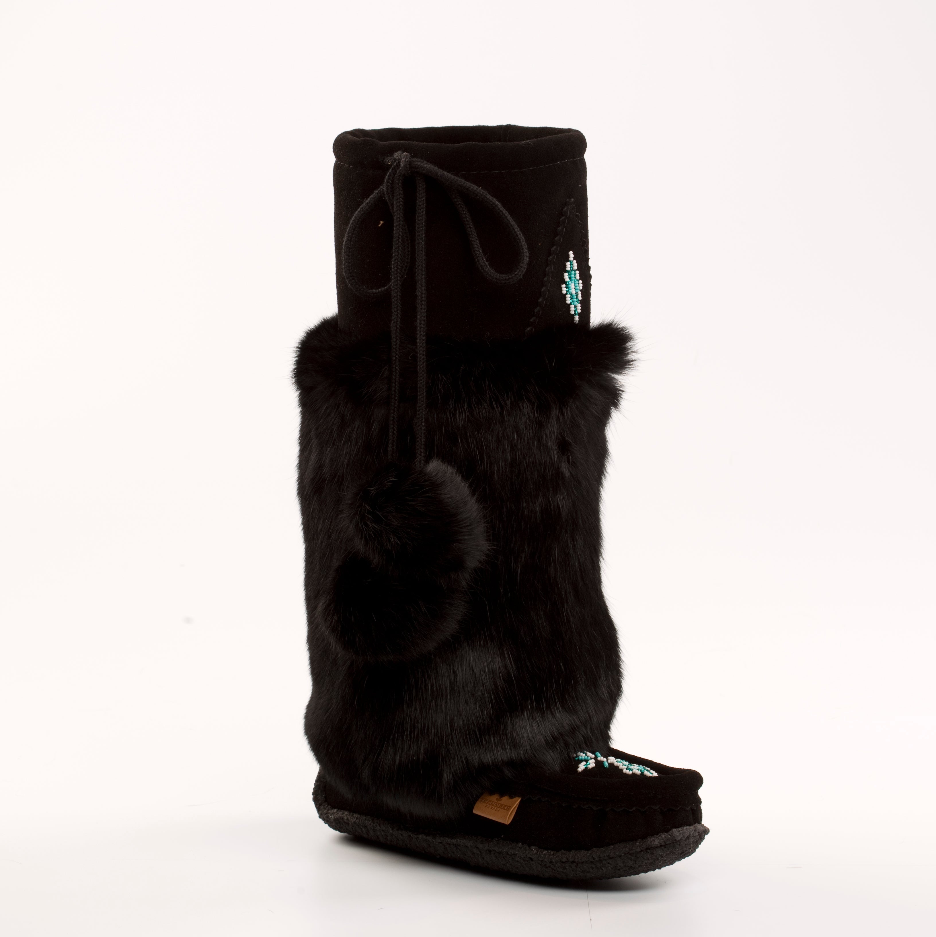 Black mukluk boot with fur trim on a white background
