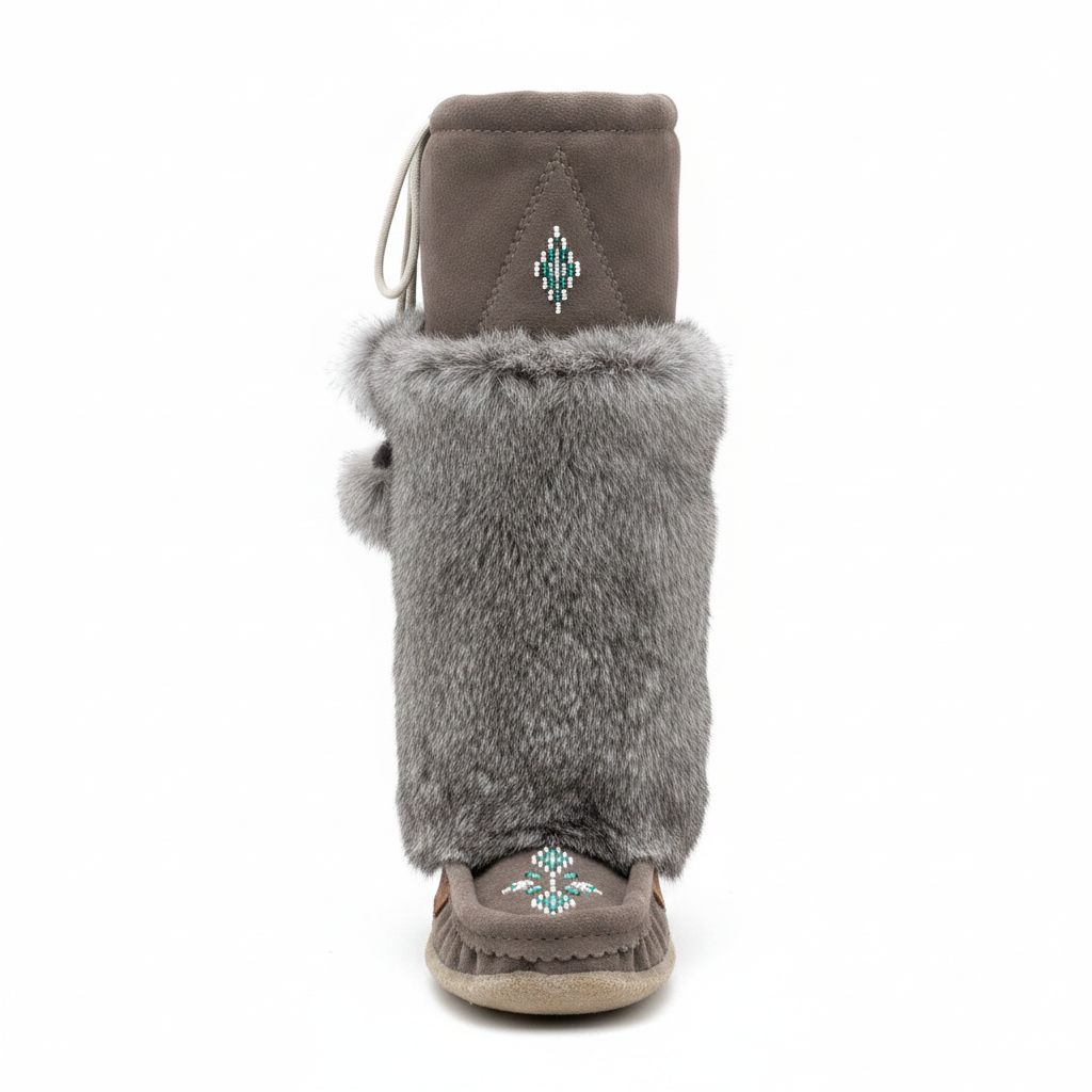 Brown mukluk with gray fur on a white background