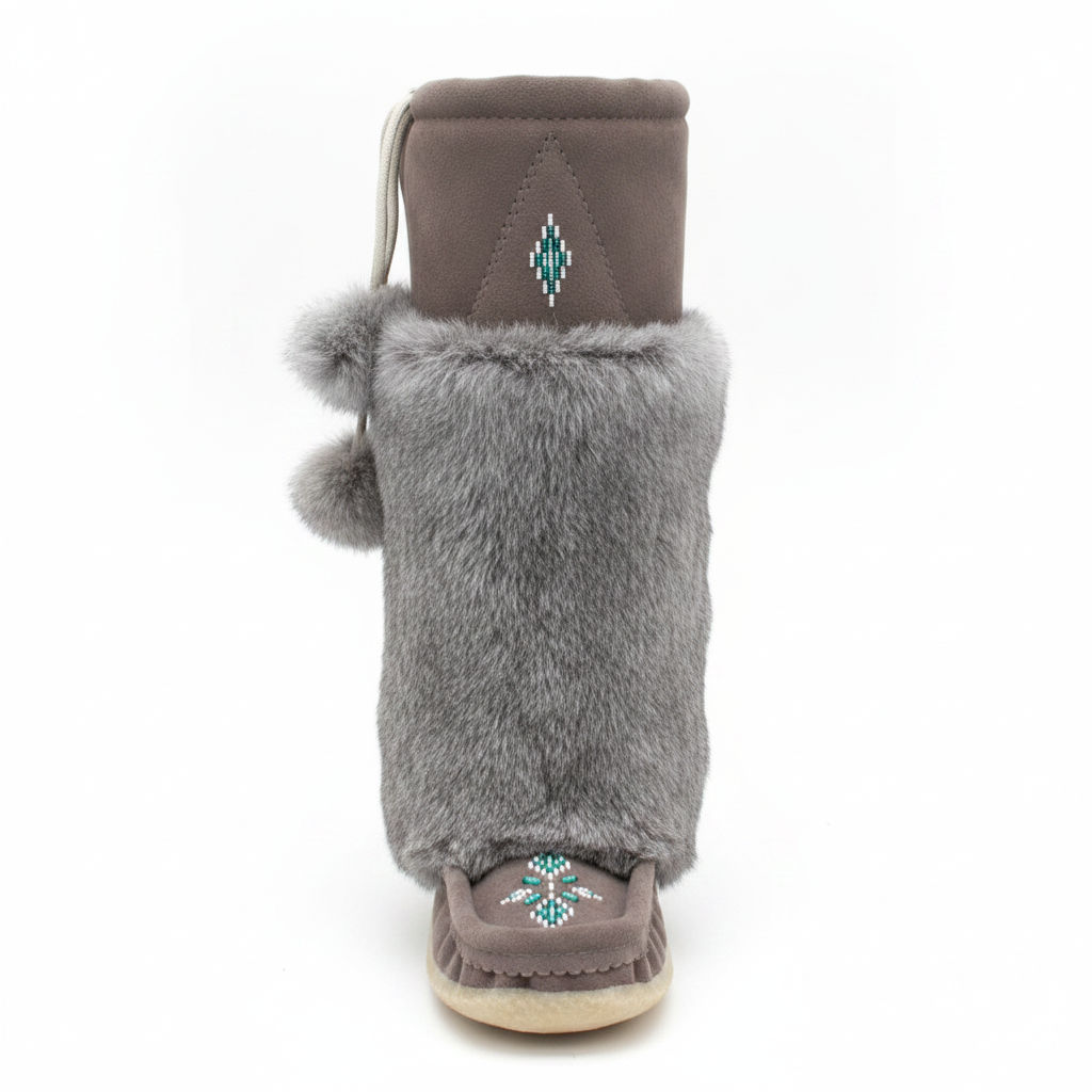 A single mukluk shown from the front on a white background, featuring a gray rabbit fur cuff with two pom-poms, a charcoal suede upper, and turquoise and white beaded snowflake design on the vamp.