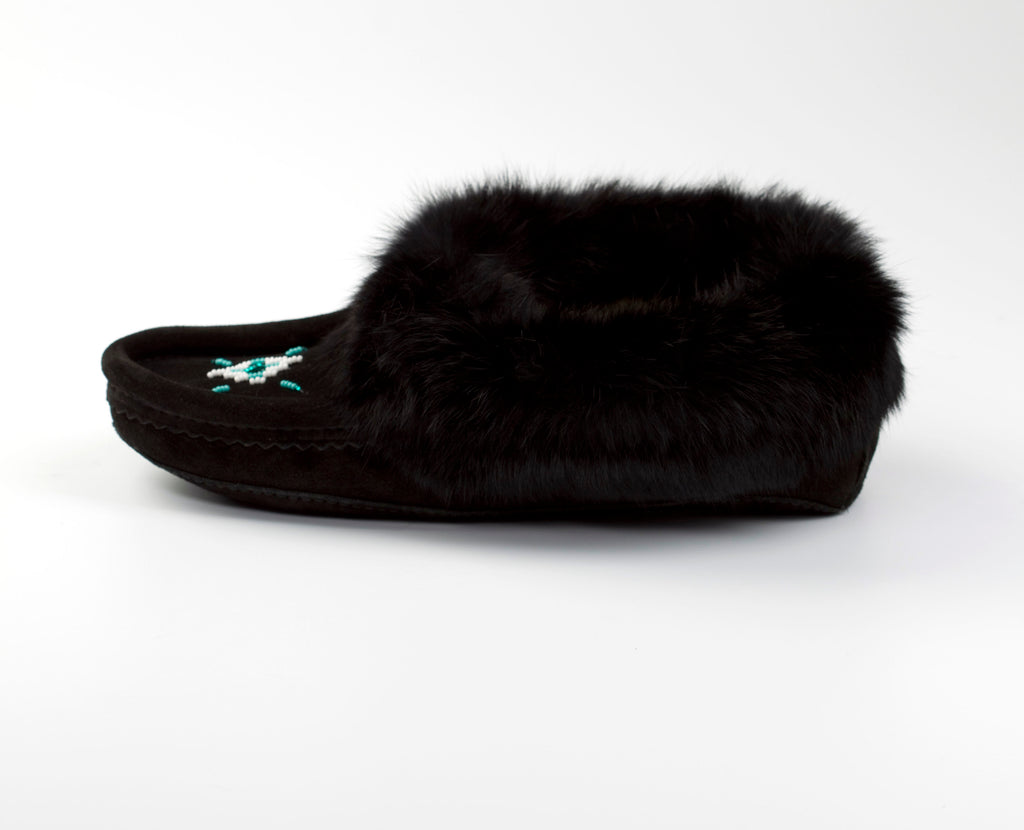 Black fur-lined slipper on a white background