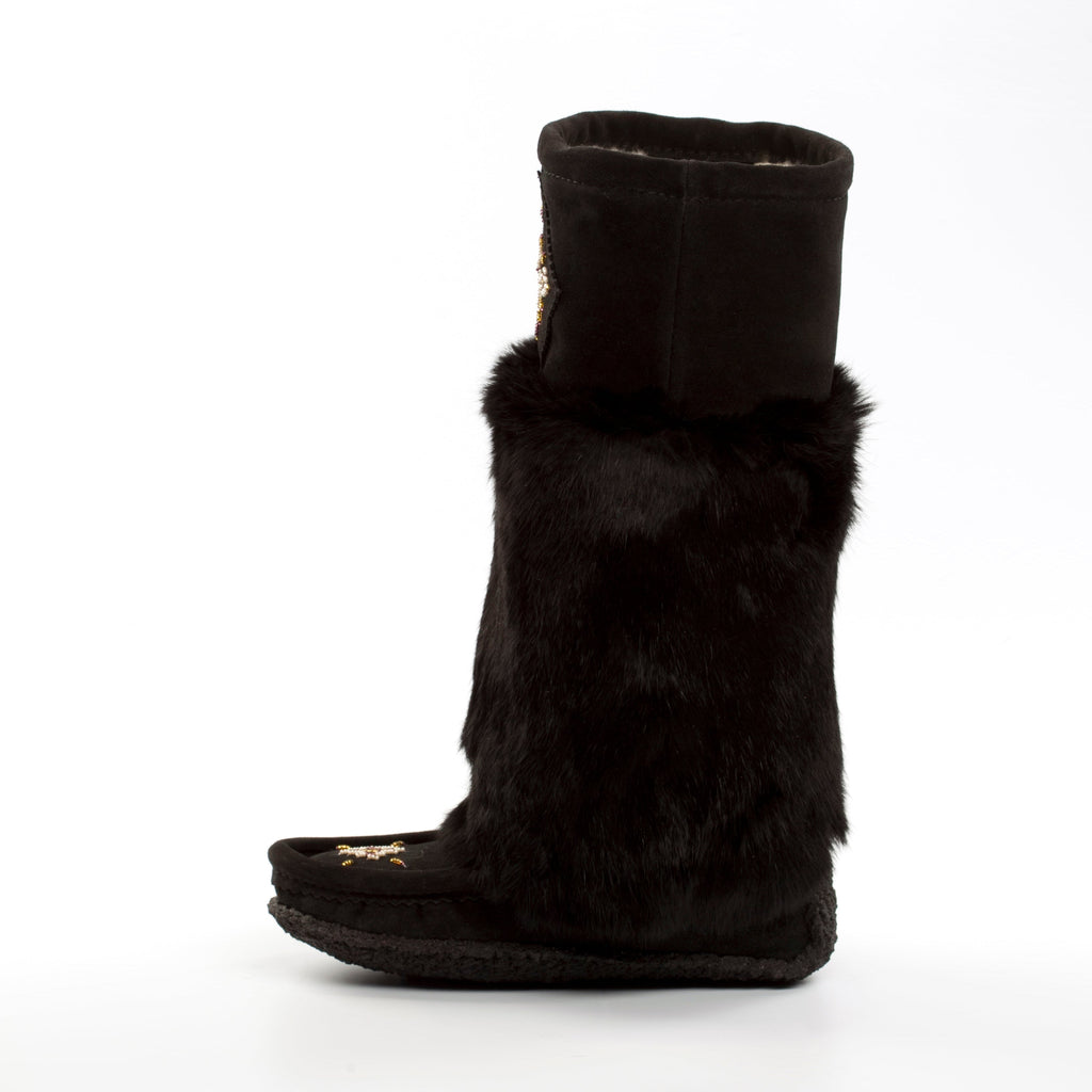 Black moccasin-style boot with fur trim on a white background