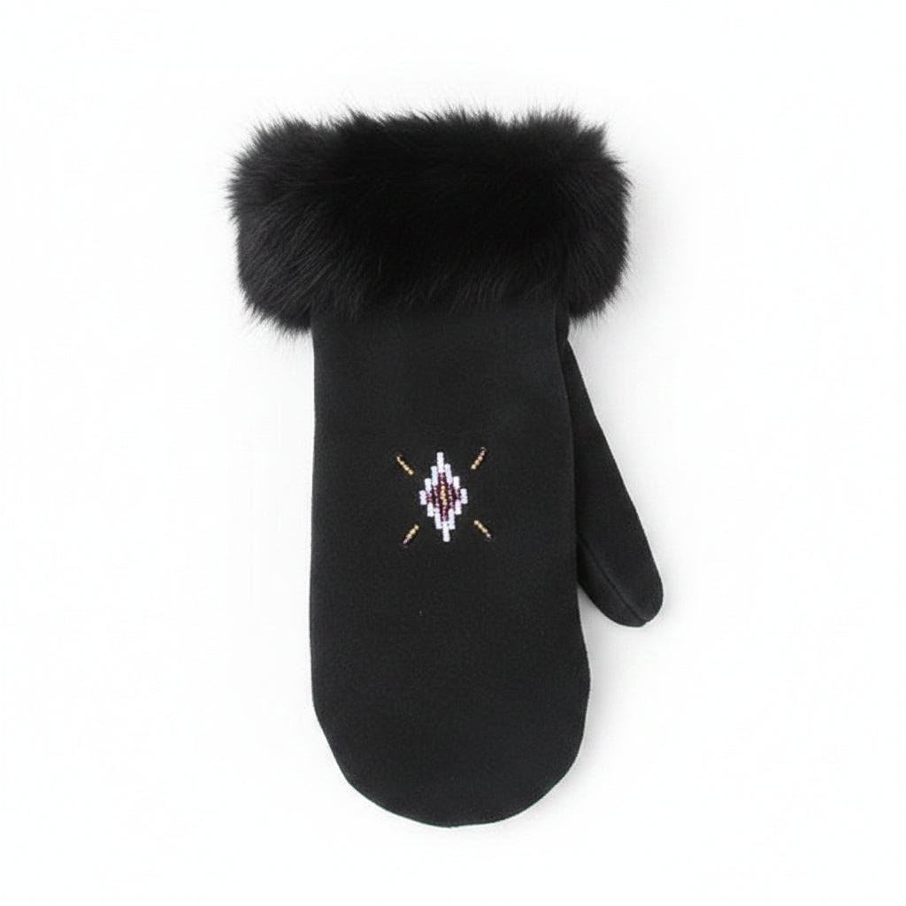 balck mittens with fur cuff on a white background