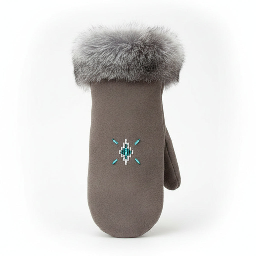Gray glove with fur cuff on a white background