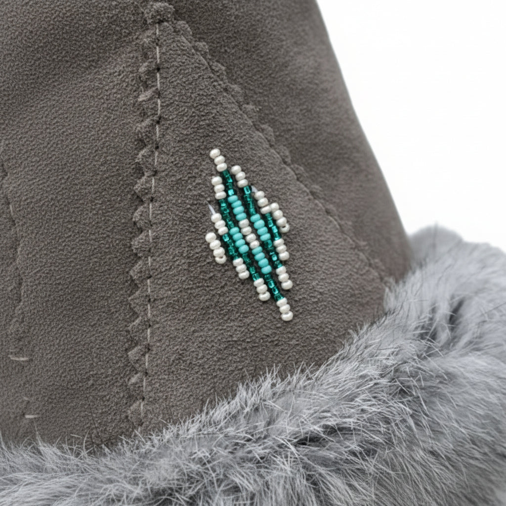 Close-up of a decorative bead pattern on a fur-trimmed fabric background