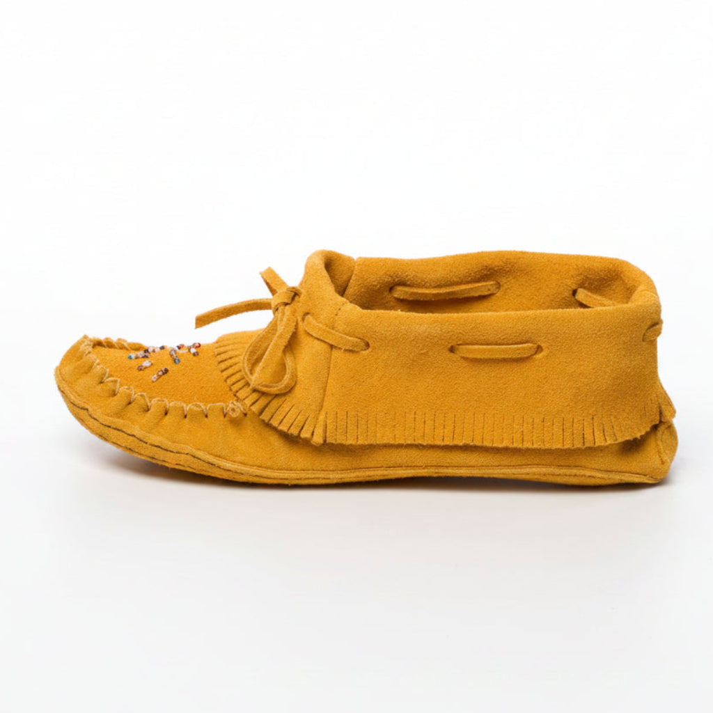 The PAPOOSE: Indian Tan Suede Fringe Moccasins With Double Padded Suede Sole