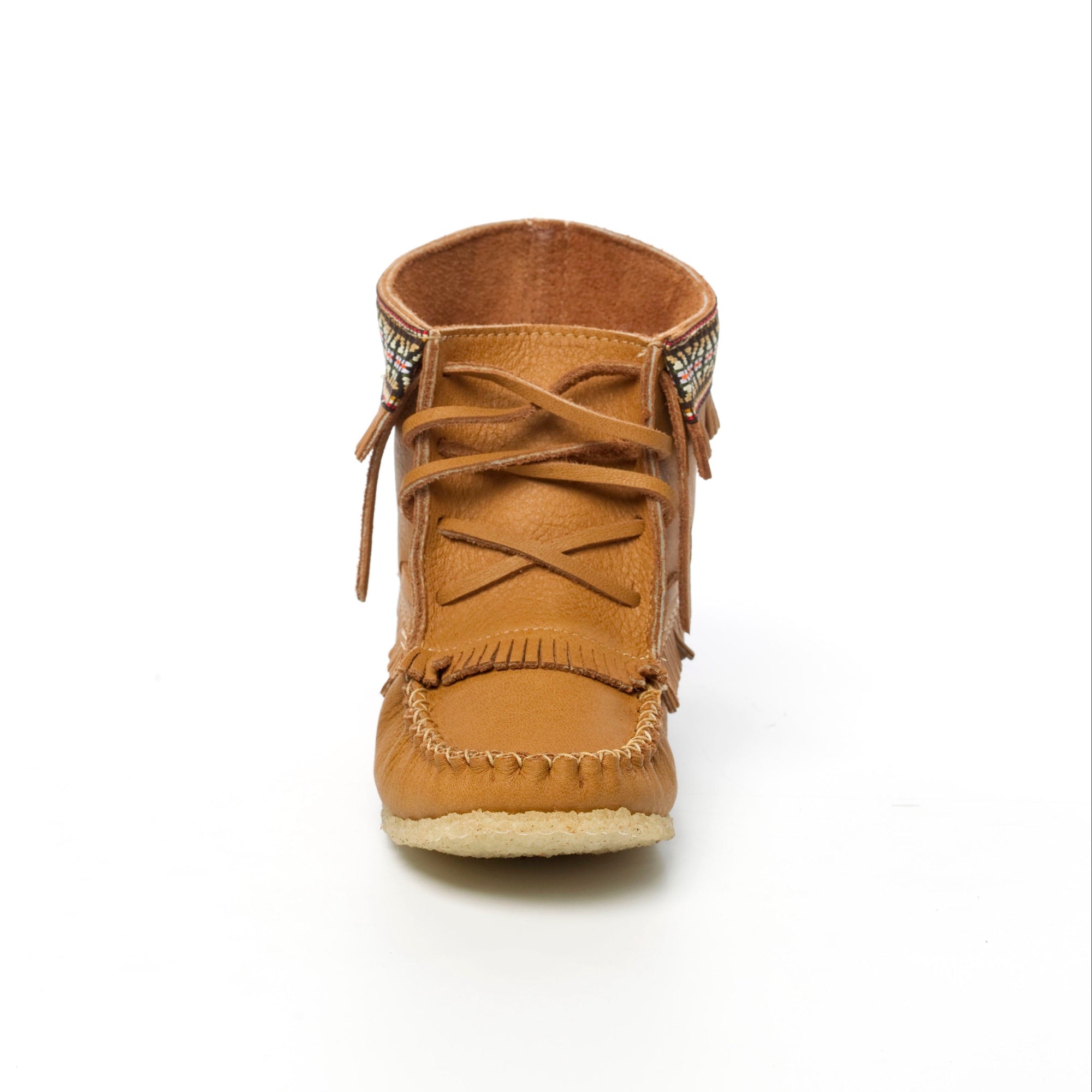 Brown leather boot with fringes on a white background