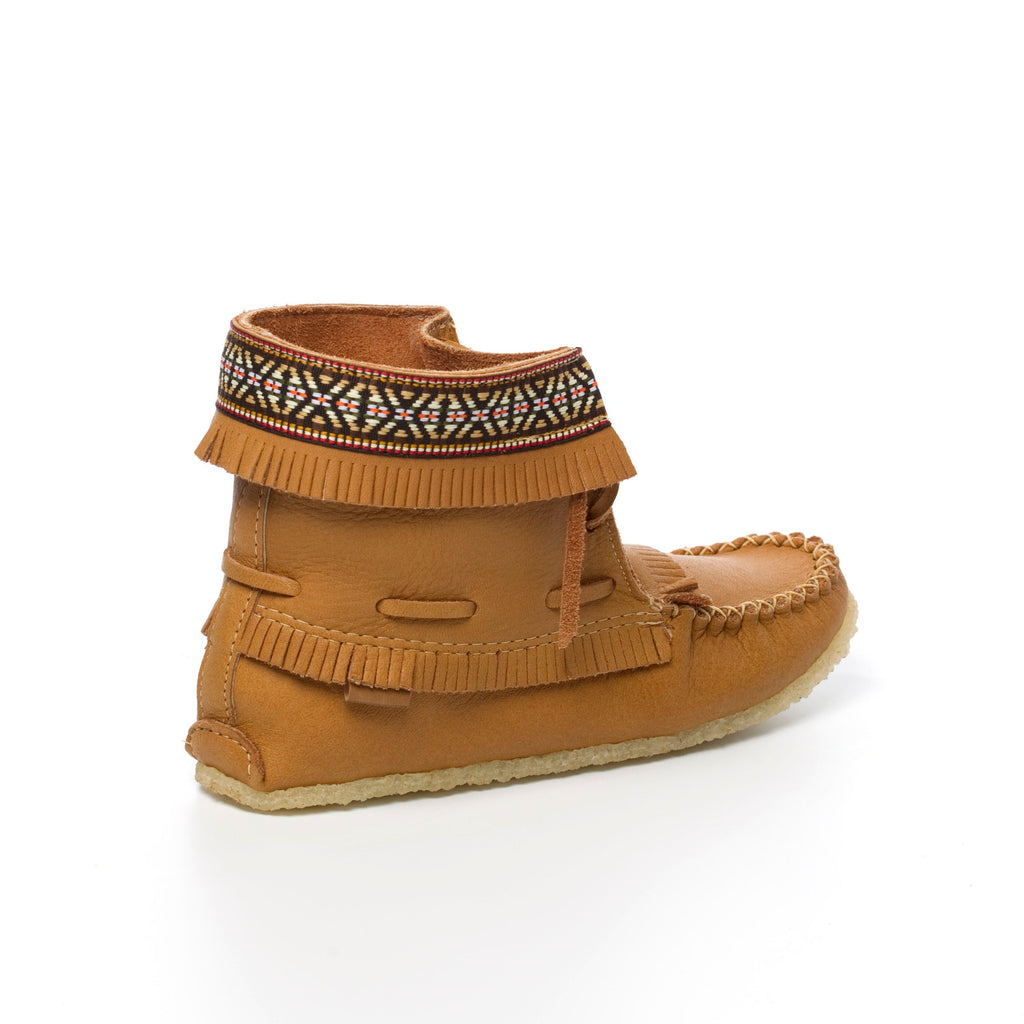 Brown boot with decorative band on a white background