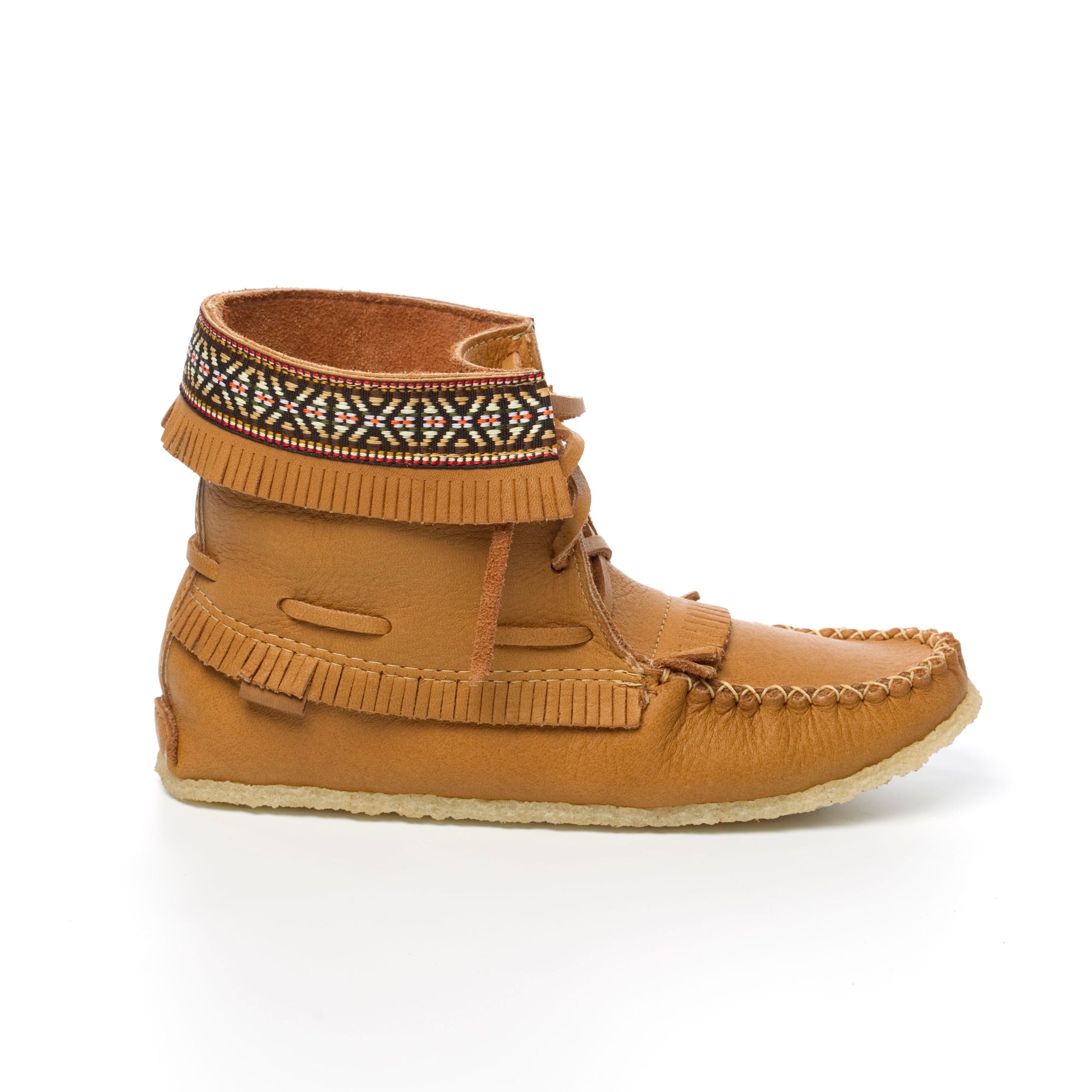 Brown moccasin-style shoe with decorative elements on a white background