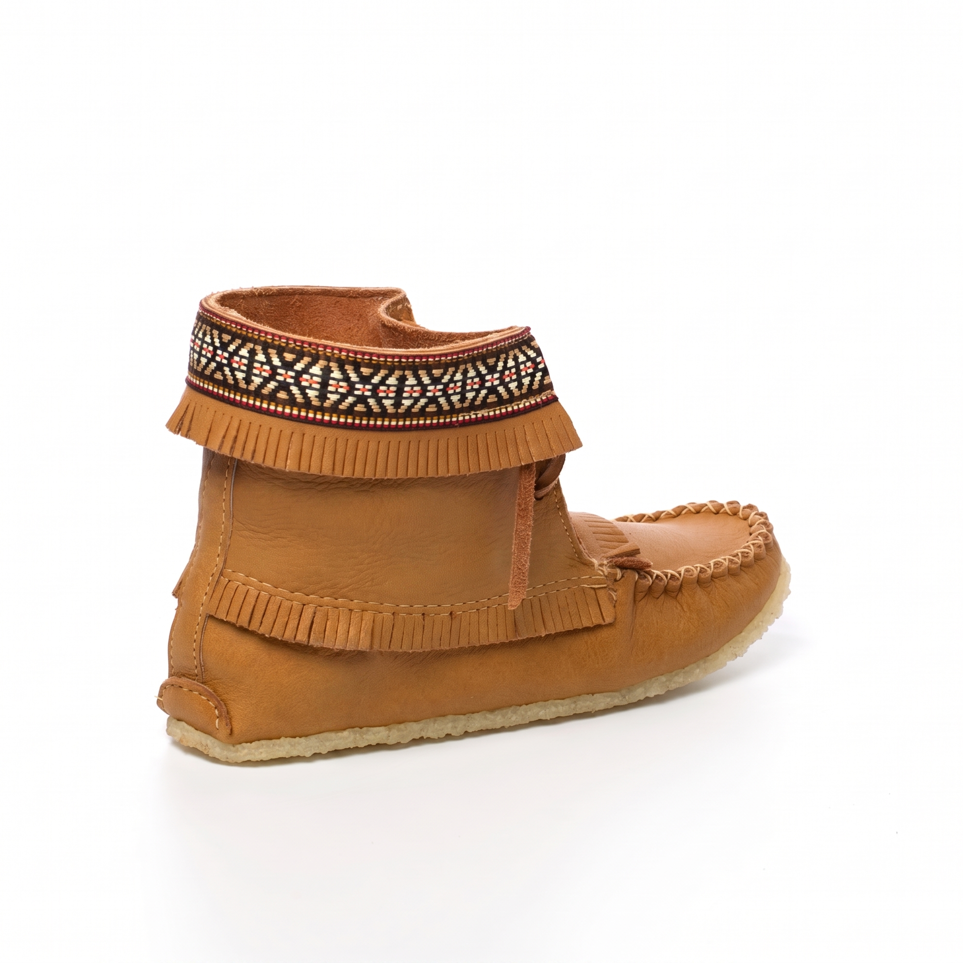 Brown moccasin-style shoe with decorative band on a white background